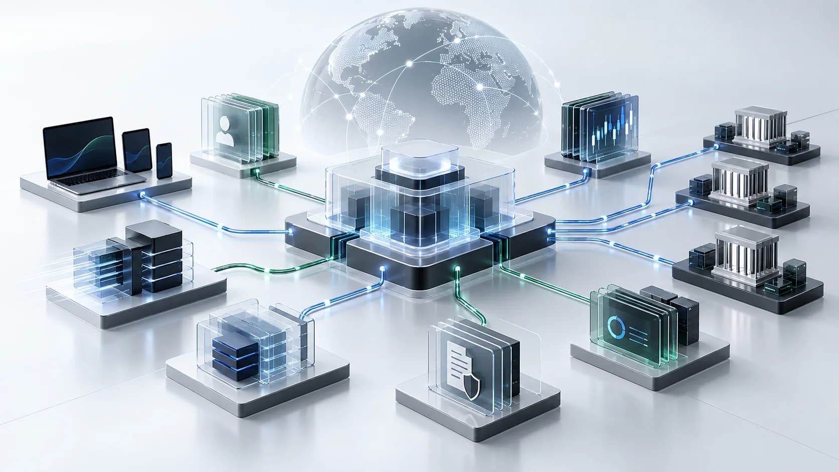 Broker operations architecture connecting client applications, onboarding, order management, liquidity, reconciliation, monitoring, and audit records